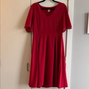 H&M Red V-Neck Midi Dress with Scalloped Sleeves